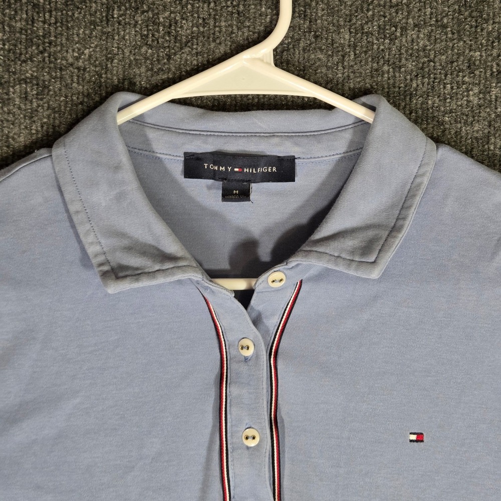 Tommy Hilfiger Polo Shirt Womens Medium Blue Striped Trim Logo Short Sleeve M